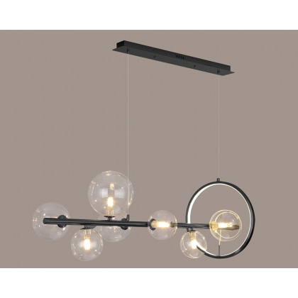 HMR Bubi Modern Linear Kitchen Island Light with Glass Globe Shade - Black, 7-Light