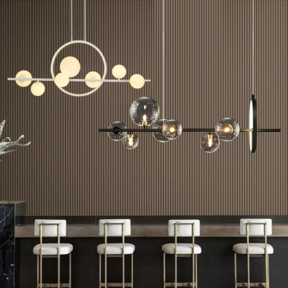 HMR Bubi Modern Linear Kitchen Island Light with Glass Globe Shade - Black, 7-Light