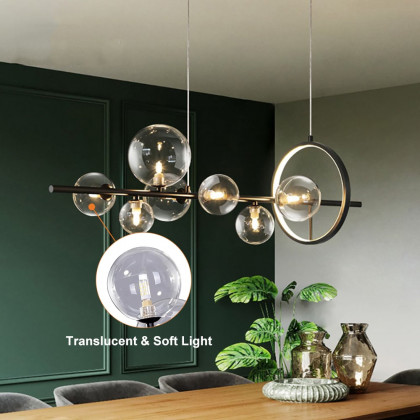 HMR Bubi Modern Linear Kitchen Island Light with Glass Globe Shade - Black, 7-Light