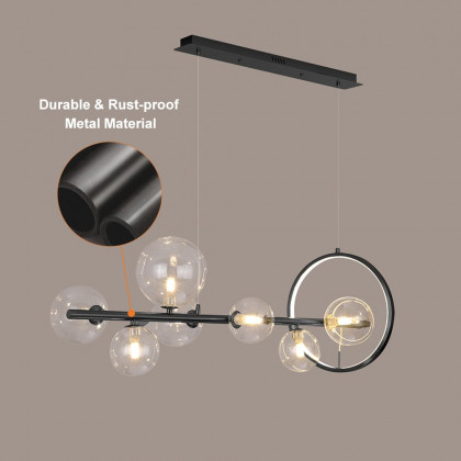 HMR Bubi Modern Linear Kitchen Island Light with Glass Globe Shade - Black, 7-Light