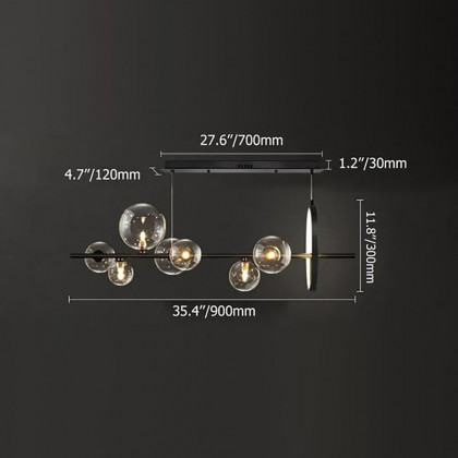 HMR Bubi Modern Linear Kitchen Island Light with Glass Globe Shade - Black, 7-Light
