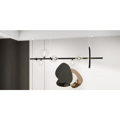 HMR Bubi Modern Linear Kitchen Island Light with Glass Globe Shade - Black, 7-Light