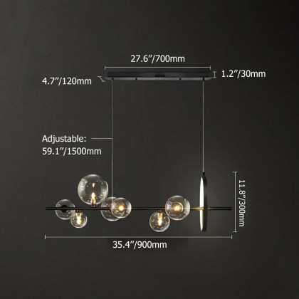 HMR Bubi Modern Linear Kitchen Island Light with Glass Globe Shade - Black, 7-Light