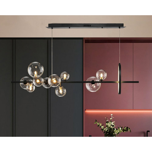 HMR Bubi Modern Linear Kitchen Island Light with Glass Globe Shade - Black, 10-Light