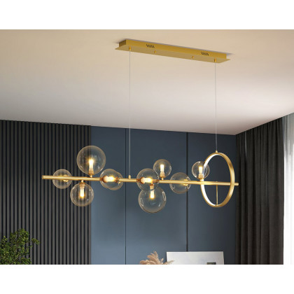 HMR Bubi Modern Linear Kitchen Island Light with Glass Globe Shade - Gold, 10-Light