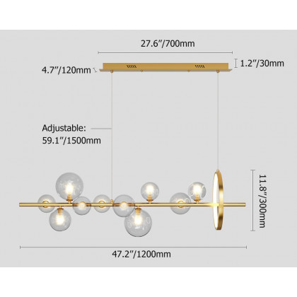 HMR Bubi Modern Linear Kitchen Island Light with Glass Globe Shade - Gold, 10-Light