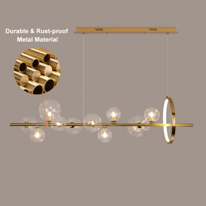 HMR Bubi Modern Linear Kitchen Island Light with Glass Globe Shade - Gold, 10-Light