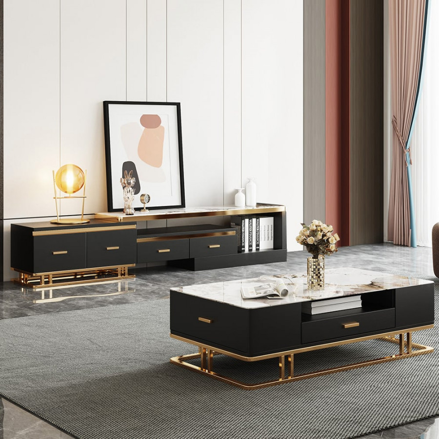 HMR - Stonesk Modern TV Stand & Coffee Table Set for 100" TV in Black with Drawers