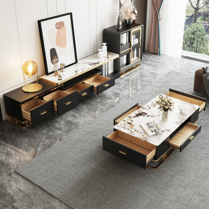 HMR - Stonesk Modern TV Stand & Coffee Table Set for 100" TV in Black with Drawers