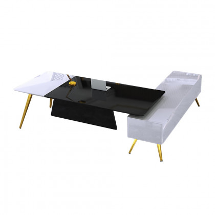 HMR L-Shaped Modern Corner Executive Desk with Storage in White & Gold & Black - Left Hand