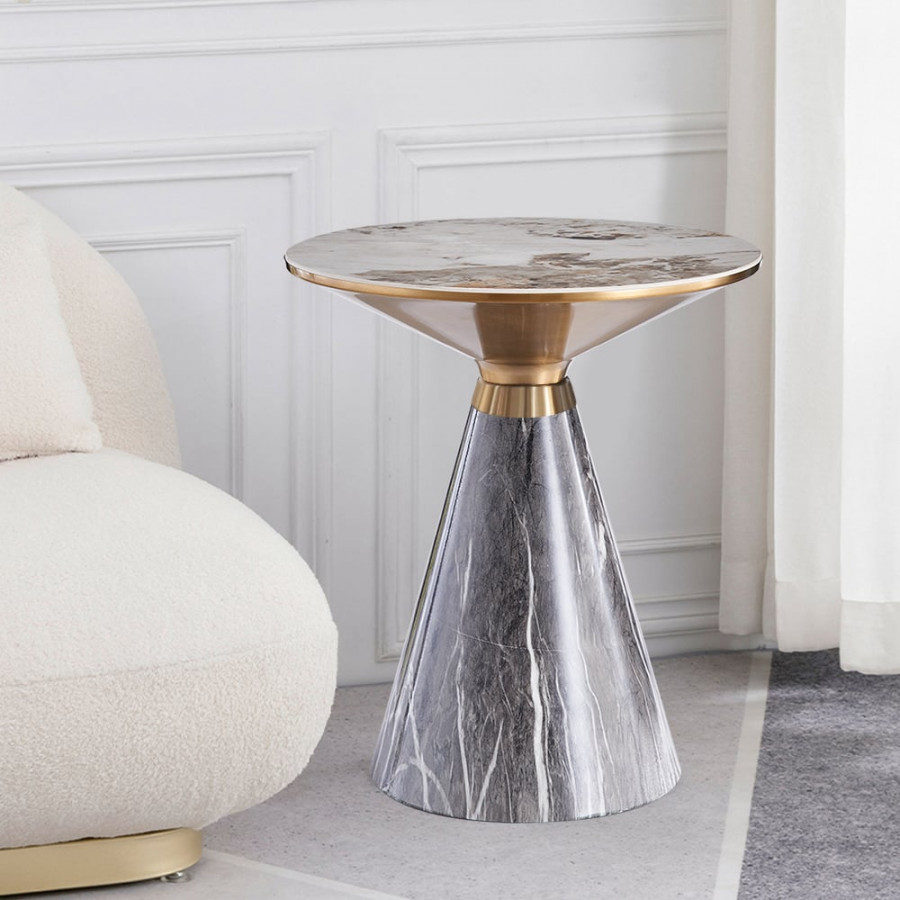 HMR - Gray & Gold Hourglass-Shape End Table with Sintered Stone Top & Stainless Steel Base