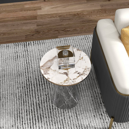 HMR - Gray & Gold Hourglass-Shape End Table with Sintered Stone Top & Stainless Steel Base