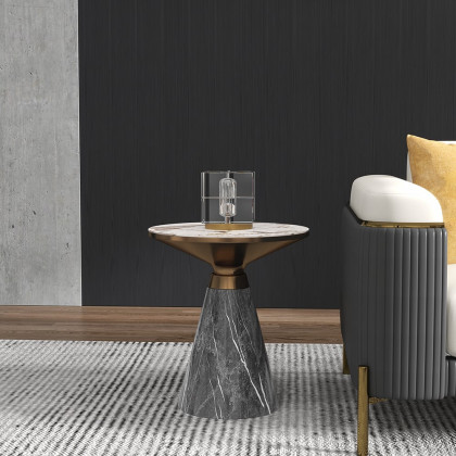 HMR - Gray & Gold Hourglass-Shape End Table with Sintered Stone Top & Stainless Steel Base