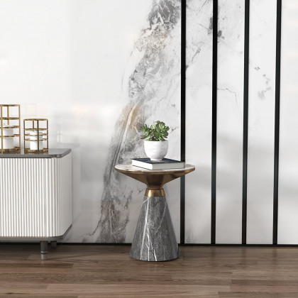 HMR - Gray & Gold Hourglass-Shape End Table with Sintered Stone Top & Stainless Steel Base