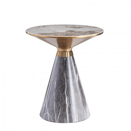 HMR - Gray & Gold Hourglass-Shape End Table with Sintered Stone Top & Stainless Steel Base