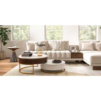 HMR - Gray & Gold Hourglass-Shape End Table with Sintered Stone Top & Stainless Steel Base