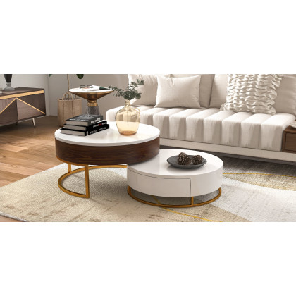 HMR - Gray & Gold Hourglass-Shape End Table with Sintered Stone Top & Stainless Steel Base