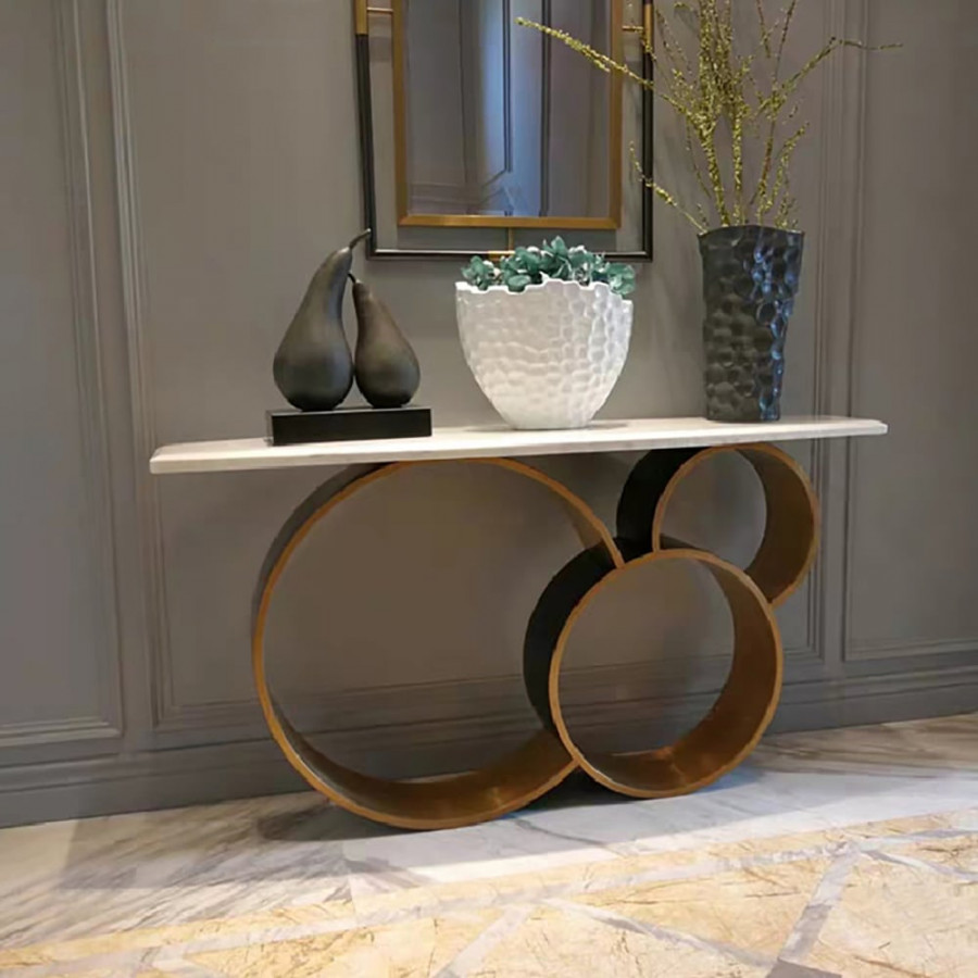 HMR - 57.1" Modern Narrow White Console Table Marble Top Round Stainless Steel Pedestal