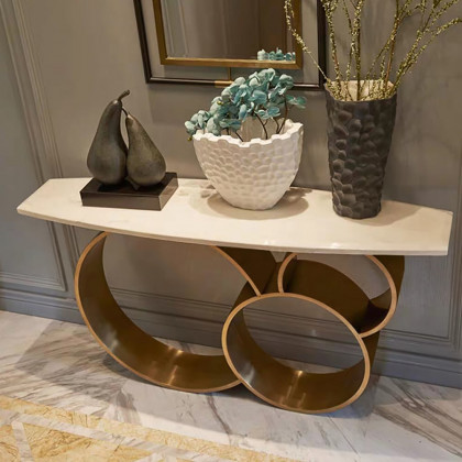 HMR - 57.1" Modern Narrow White Console Table Marble Top Round Stainless Steel Pedestal