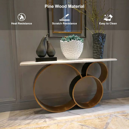 HMR - 57.1" Modern Narrow White Console Table Marble Top Round Stainless Steel Pedestal
