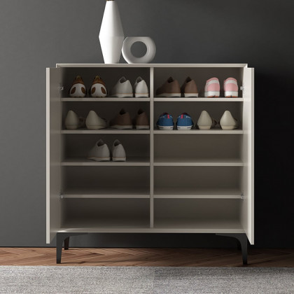 HMR - Nordic Minimalist Off White Wooden Shoe Cabinet with 2-Door 10-Shelf