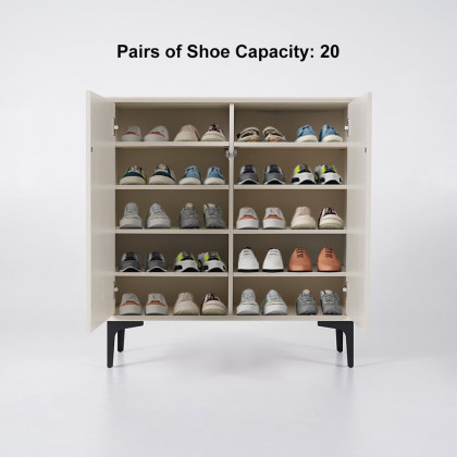 HMR - Nordic Minimalist Off White Wooden Shoe Cabinet with 2-Door 10-Shelf