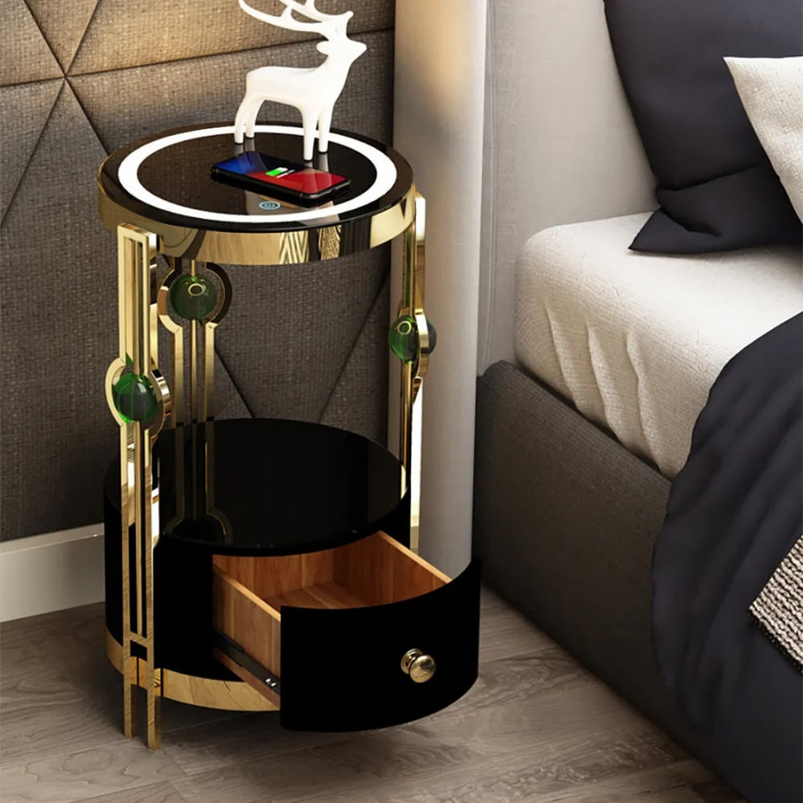 HMR Modern Nightstand with LED Light Bedside Table with Wireless Charging & USB Port - Gold & Black