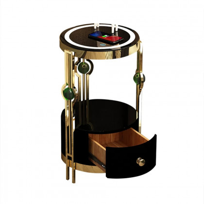 HMR Modern Nightstand with LED Light Bedside Table with Wireless Charging & USB Port - Gold & Black