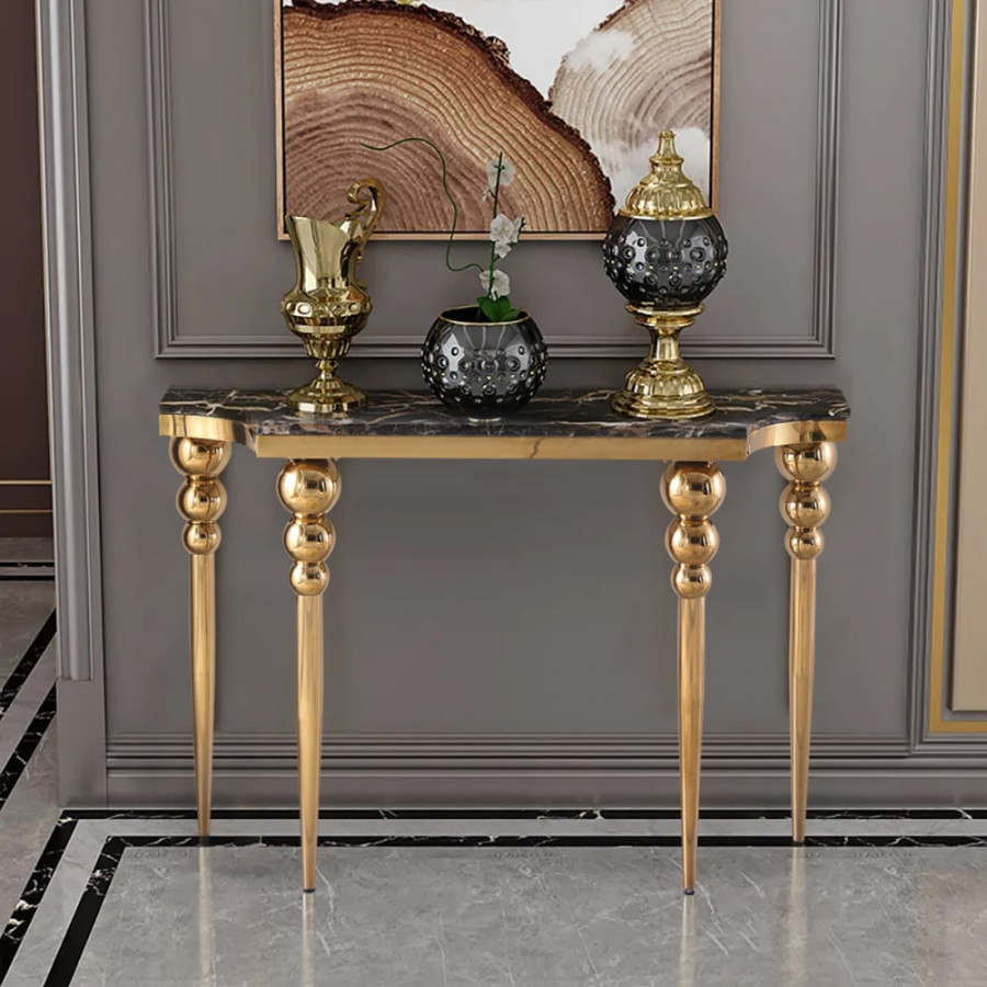 HMR - 47.2" Black Narrow Console Table Faux Marble Entryway Table Stainless Steel Legs