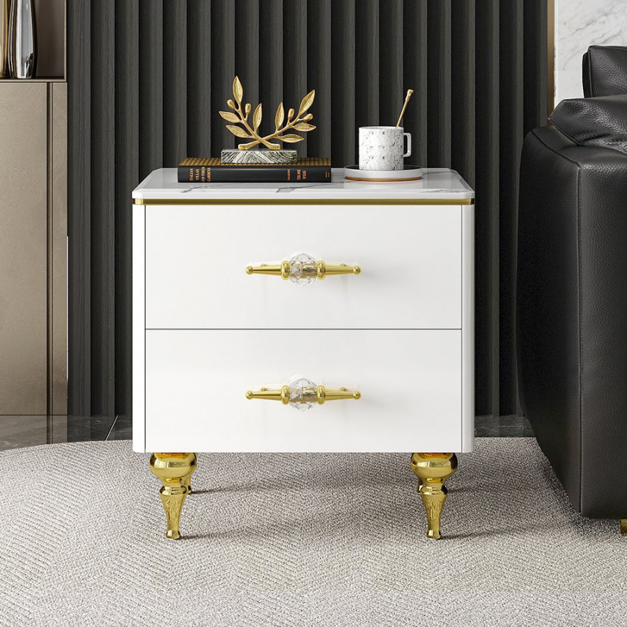HMR - Chift Small Marble Top End Table Modern White Side Table with 2 Drawers Nightstand