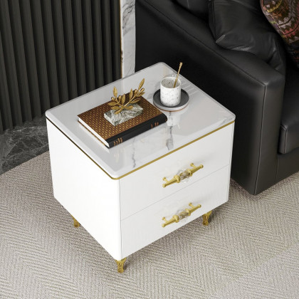 HMR - Chift Small Marble Top End Table Modern White Side Table with 2 Drawers Nightstand