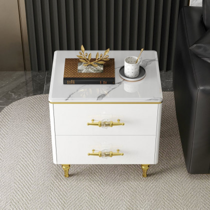 HMR - Chift Small Marble Top End Table Modern White Side Table with 2 Drawers Nightstand
