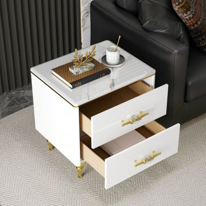 HMR - Chift Small Marble Top End Table Modern White Side Table with 2 Drawers Nightstand