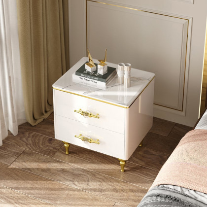 HMR - Chift Small Marble Top End Table Modern White Side Table with 2 Drawers Nightstand