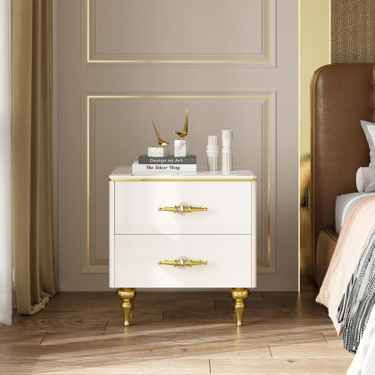 HMR - Chift Small Marble Top End Table Modern White Side Table with 2 Drawers Nightstand