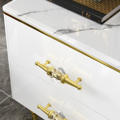HMR - Chift Small Marble Top End Table Modern White Side Table with 2 Drawers Nightstand