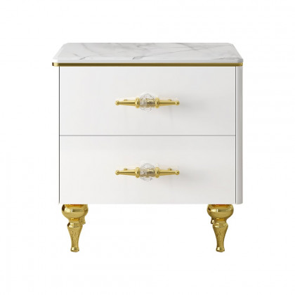 HMR - Chift Small Marble Top End Table Modern White Side Table with 2 Drawers Nightstand
