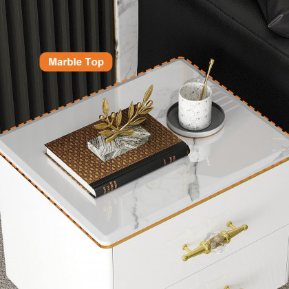 HMR - Chift Small Marble Top End Table Modern White Side Table with 2 Drawers Nightstand