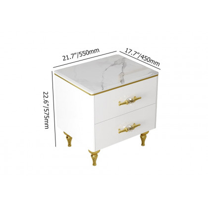 HMR - Chift Small Marble Top End Table Modern White Side Table with 2 Drawers Nightstand