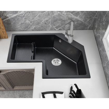 HMR 32" Modern Drop In Corner Kitchen Sink Single Bowl Quartz Irregular - Black, Left Corner