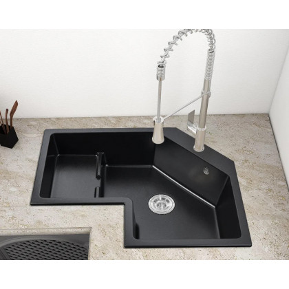 HMR 32" Modern Drop In Corner Kitchen Sink Single Bowl Quartz Irregular - Black, Left Corner