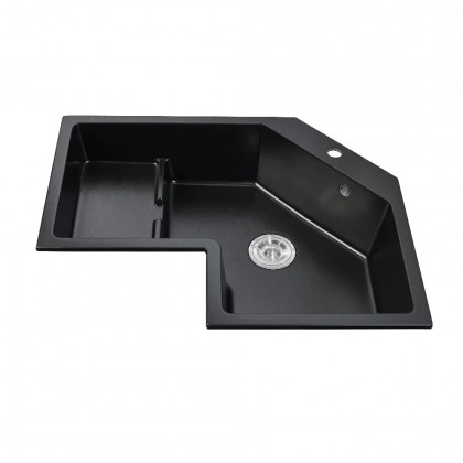 HMR 32" Modern Drop In Corner Kitchen Sink Single Bowl Quartz Irregular - Black, Left Corner