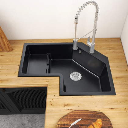 HMR - 32" Modern Drop In Corner Kitchen Sink Single Bowl Quartz Irregular