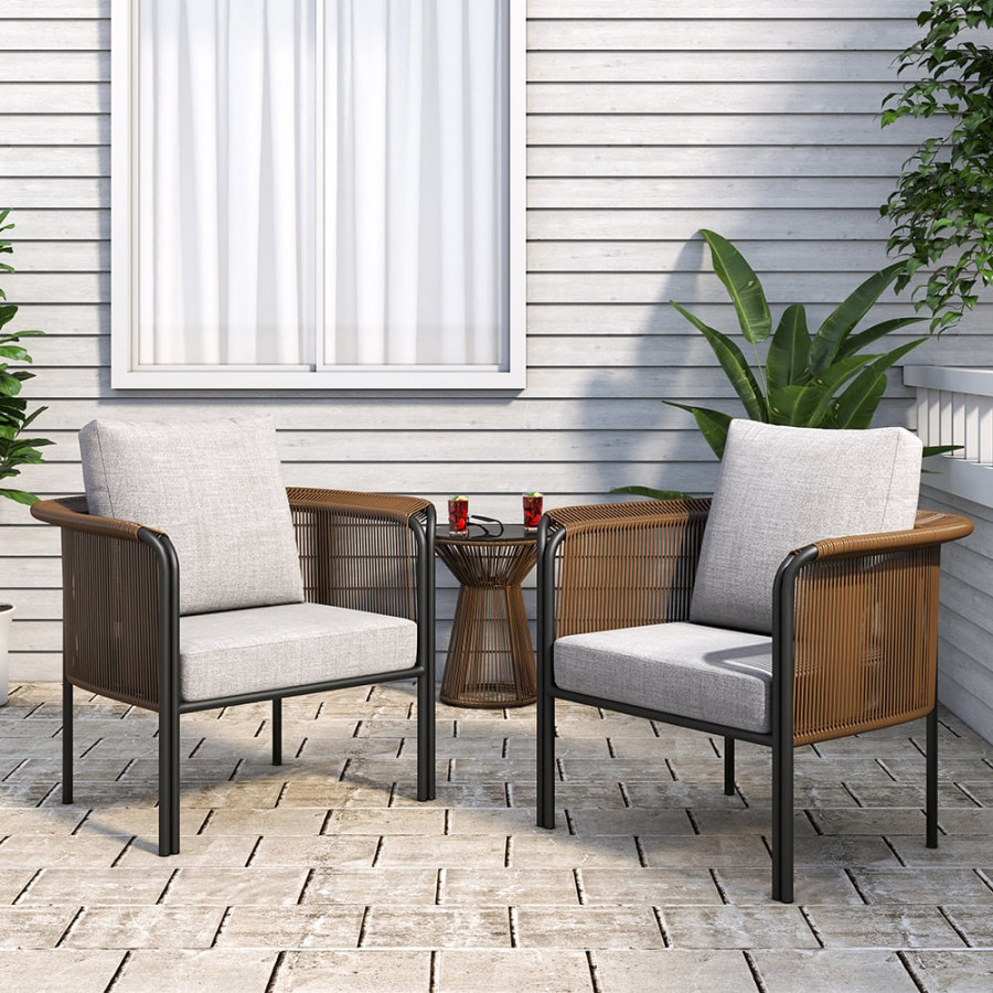 HMR - 3-Pieces Modern Coffee Rattan Outdoor Sofa Set with Glass Top Coffee Table and Gray Cushion