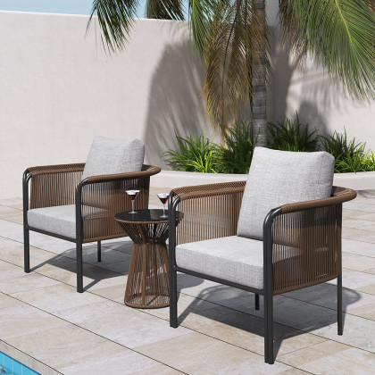 HMR - 3-Pieces Modern Coffee Rattan Outdoor Sofa Set with Glass Top Coffee Table and Gray Cushion