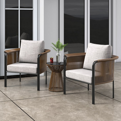 HMR - 3-Pieces Modern Coffee Rattan Outdoor Sofa Set with Glass Top Coffee Table and Gray Cushion