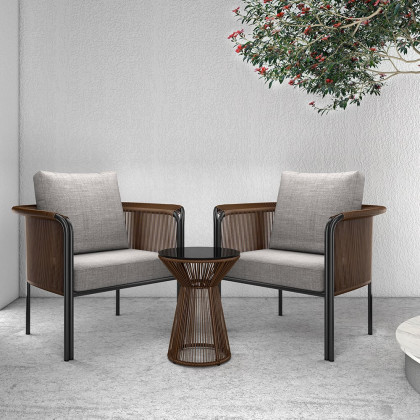 HMR - 3-Pieces Modern Coffee Rattan Outdoor Sofa Set with Glass Top Coffee Table and Gray Cushion