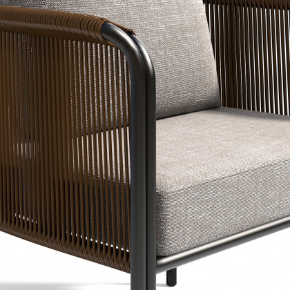 HMR - 3-Pieces Modern Coffee Rattan Outdoor Sofa Set with Glass Top Coffee Table and Gray Cushion