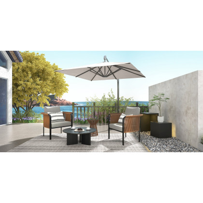 HMR - 3-Pieces Modern Coffee Rattan Outdoor Sofa Set with Glass Top Coffee Table and Gray Cushion
