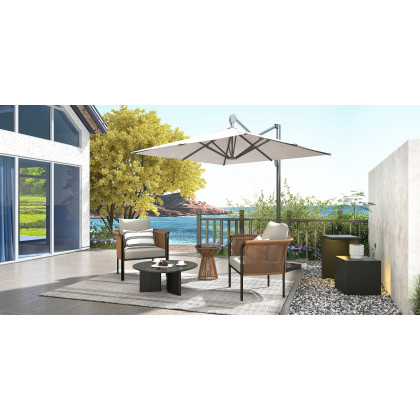 HMR - 3-Pieces Modern Coffee Rattan Outdoor Sofa Set with Glass Top Coffee Table and Gray Cushion